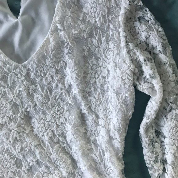 White Ivory Floral Embroidered Lace Double Layered Sheer Long Sleeve Top - Picture 15 of 16